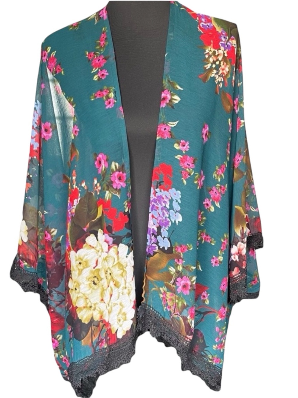 Green Multi-Colour Floral Black Lace Trim Kimono Open Front Top (M/L)